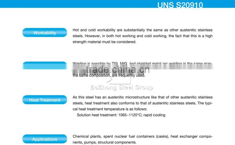 High Strength Stainless Steels S20910 excellent corrosion resistance XM-19