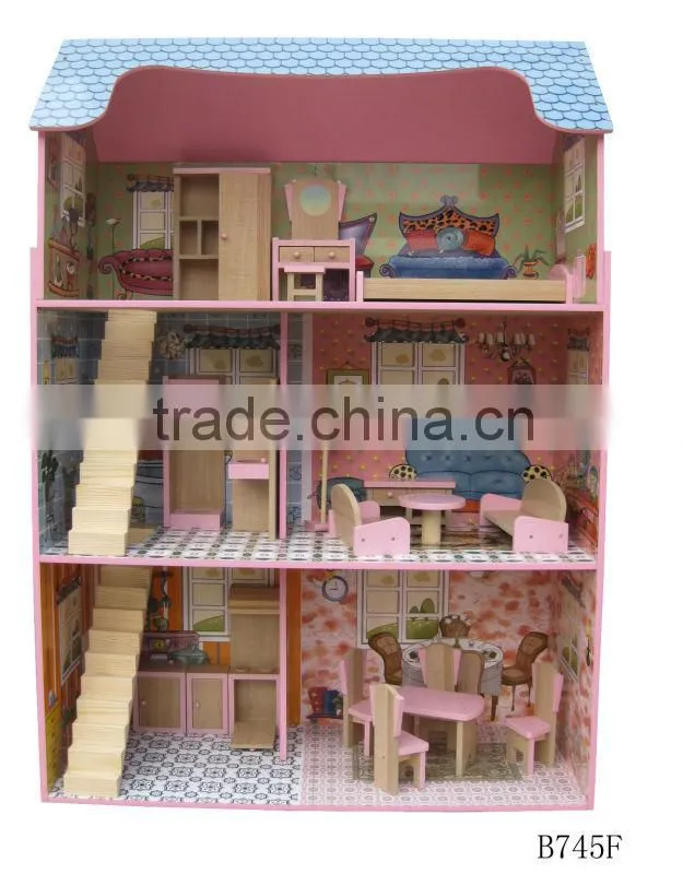adult wooden big doll houses with wallpaper