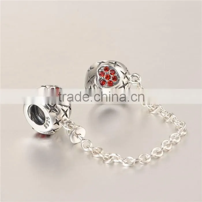 925 Sterling Silver Heart Red CZ Safety Chains Mother day Gift Bracelet Chains