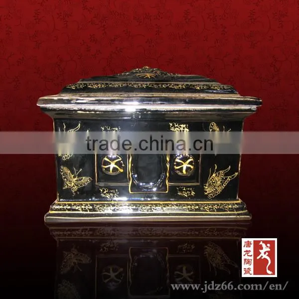 Black glazed excellent quality handmade ceramic funeral caskets and urns for sale