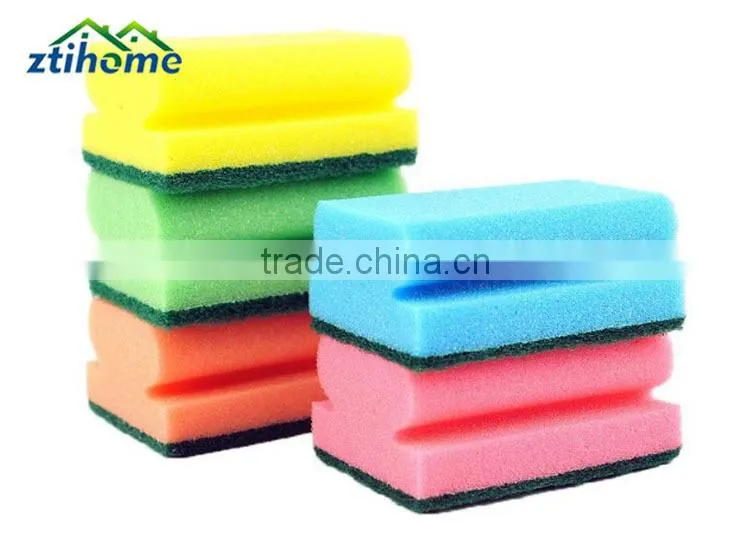 Comfortable Hand Holding Grooved shape utility cleaning sponge with scouring pad