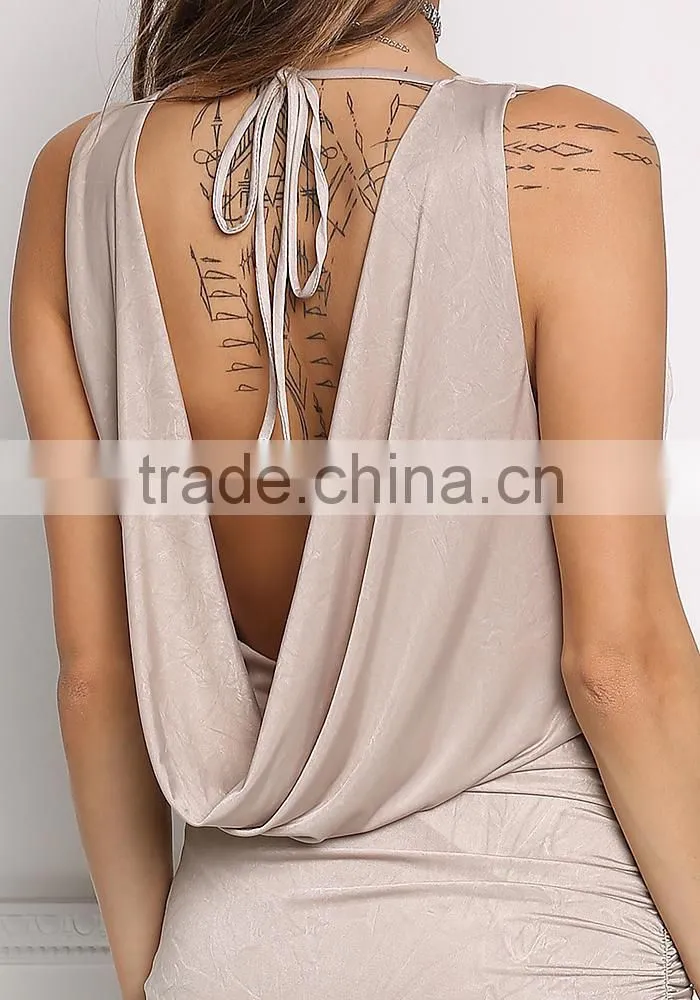 Sexy Western Names Taupe Draped & Ruched Lustrous Bodycon Dress Necked Women Picture HSd5149