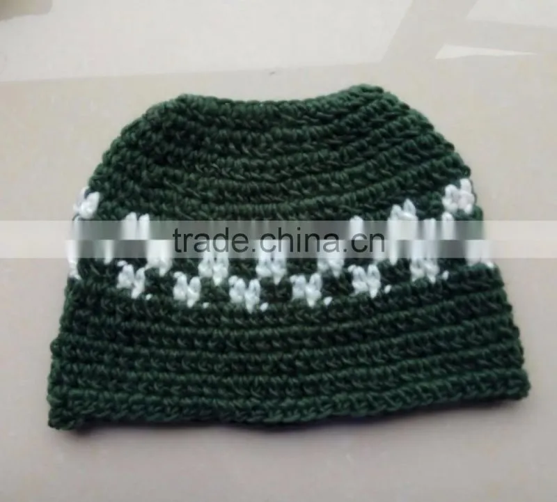 Dark Green And Ivory Unisex Crochet Messy Bun Hat