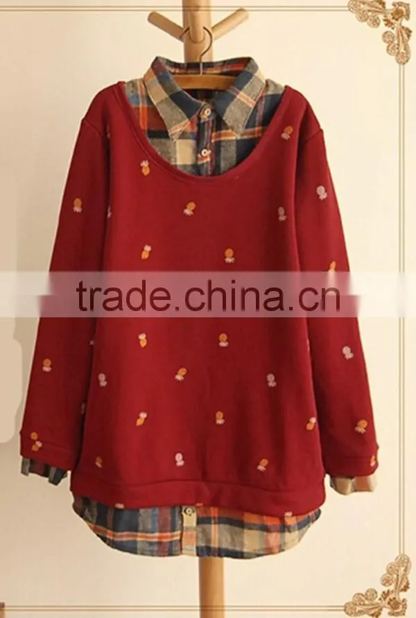 Spring and autumn lovely printed fake 2pcs long sleeve blouse designs fashion women plaid shirt