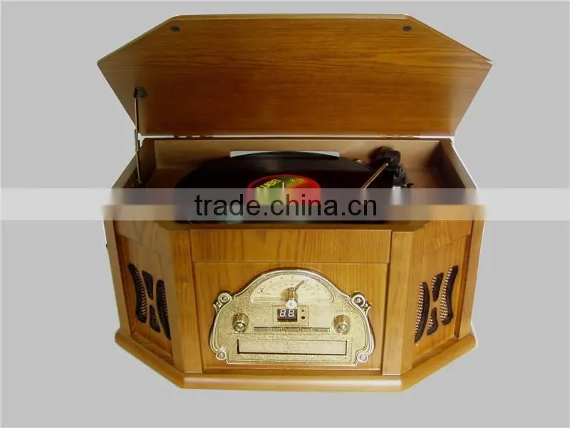 Back to 60s-Style! Wooden Gramophone&Multi Turntable&Jukebox Records with AUX Input/CD Player/AM,FM Radio/Cassette