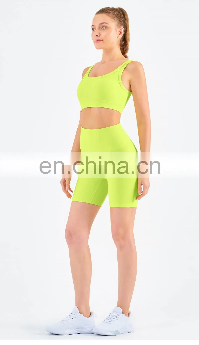 Athletic Ribbed Yoga Fitness Women Square Neckline Sports Bra Biker Shorts Set Gym