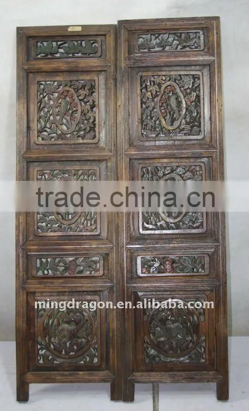 Antique Chinese Head Carved Wood Window Pane Blossom Panel Shutter