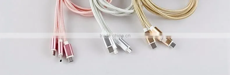 1.2m Nylon Woven Three Metal Plugs 3 in 1 Micro USB Cable Colorful Phone Cable for iPhone 6 6s Plus 5s Android Type C
