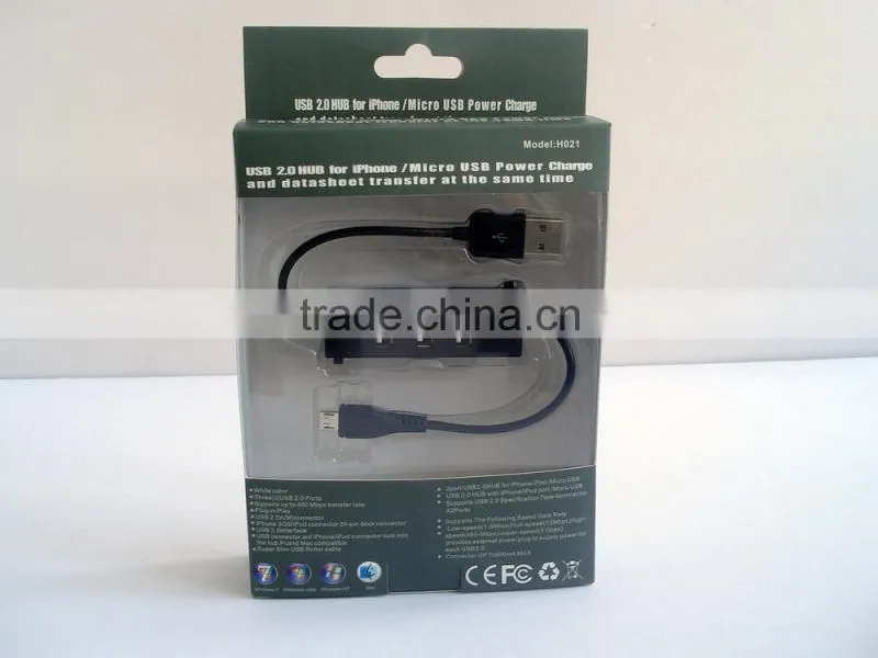 USB 2.0 3-Port Compact Hub with a Built-in Micro USB Power Charge and USB 2.0 Cable