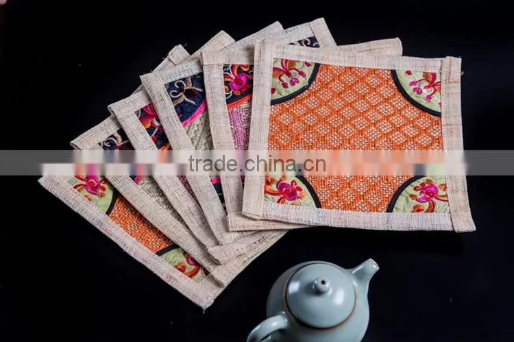 Ramie Cloth Square Coaster with emboidery at corners
