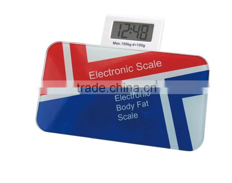 150kg Electronic folding unique mini color printing glass weighing bathroom scale with independent alarm