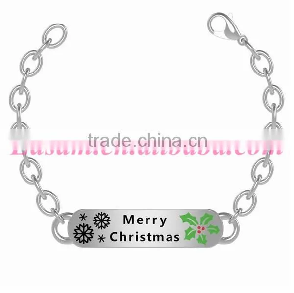 Hot selling merry christmas letter engraved metal plate cuff bangle bracelet