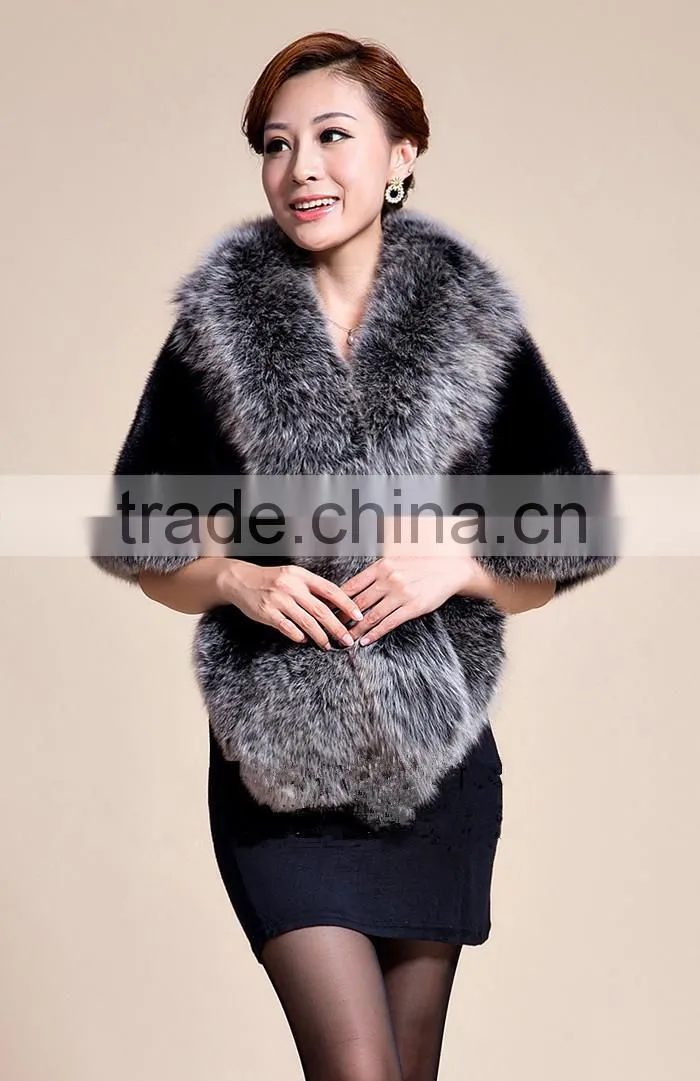 Lady's Real Mink Fur With Fox Fur Coat Mink Fur Coat Poncho / Shawl / Coats