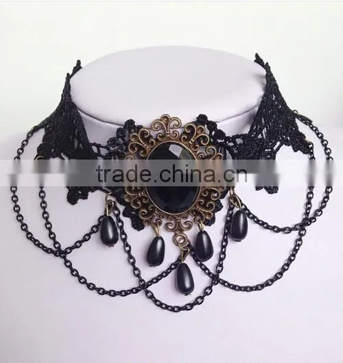 Black Bead Pendant Chain Flower Lace Choker Handmade Women Necklace Gothic Vintage