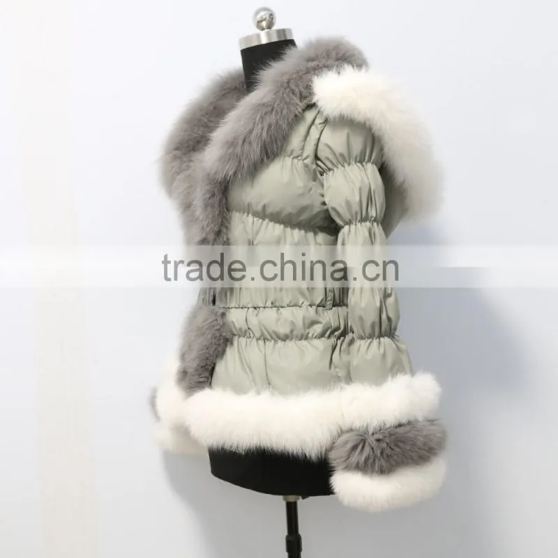 belin fashion down jacket with fox fur trim /down garment with fur hood