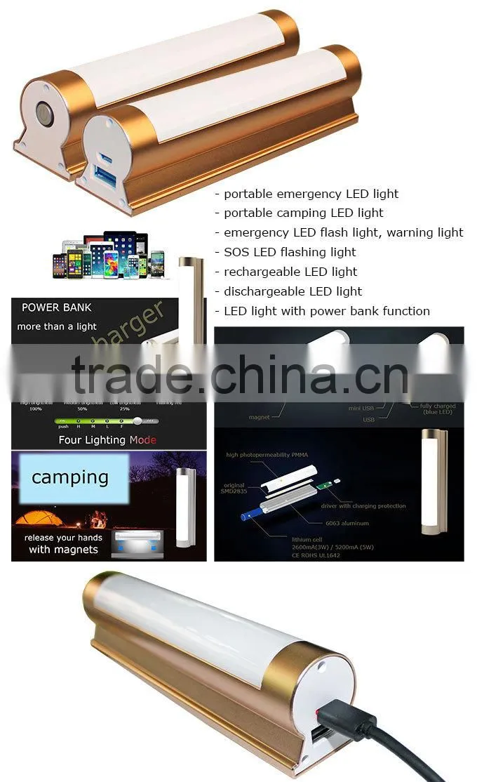 5W Portable Rechargeable LED Camping Light, USB Interface Emergency LED Tube with magnets