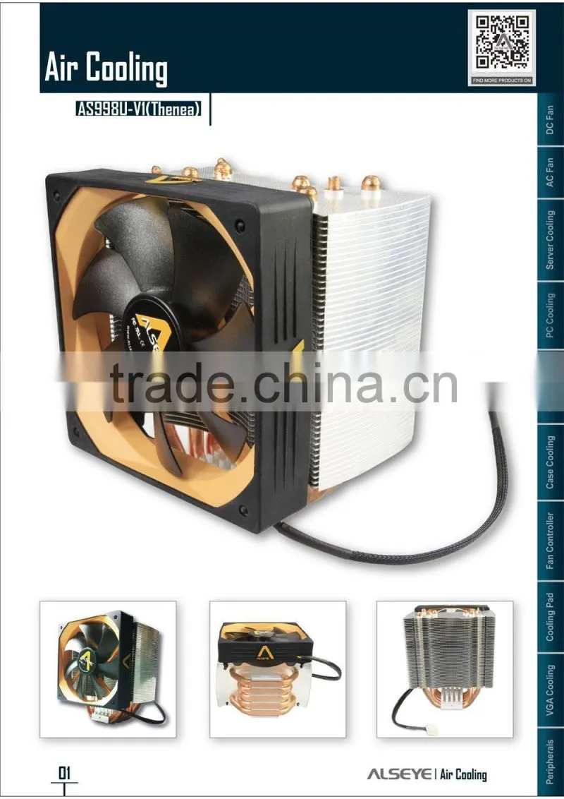 Alseye AB1701 manufacture AS998U-V1 cpu cooler reviews heatsink fan 1500RPM 180W TDP aircooler