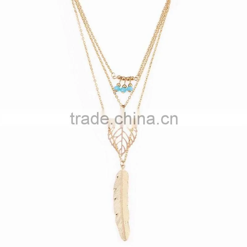 Latest Fancy Design Necklaces Jewelries Bohemia Style Three Tiny Turquoise Hollow Leaf Long Feather Multi Layer Necklaces