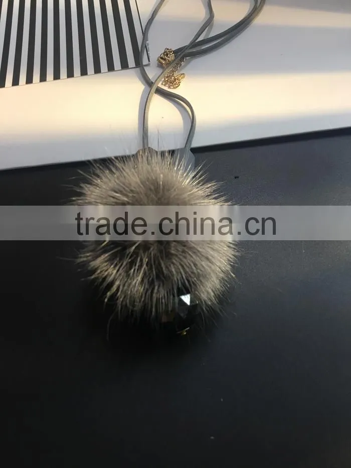 winter mink fur ball pendant necklace geometric bead suede leather necklace velvet leather necklace
