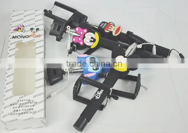 With cute cartoon design handheld extendable Cable Take Pole selfie stick/ cartoon monopod/ wire selfie stick