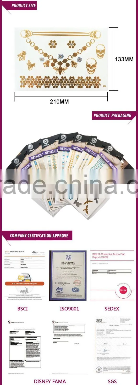 Custom waterproof transfer body decoration gold tattoo sticker/temporary tattoo
