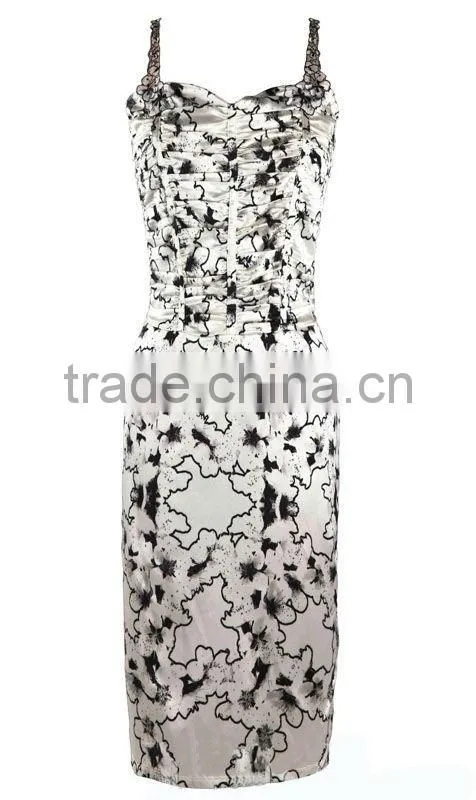 elegant/graceful spaghetti strap frill top tight fit chinese style print long maxi dress