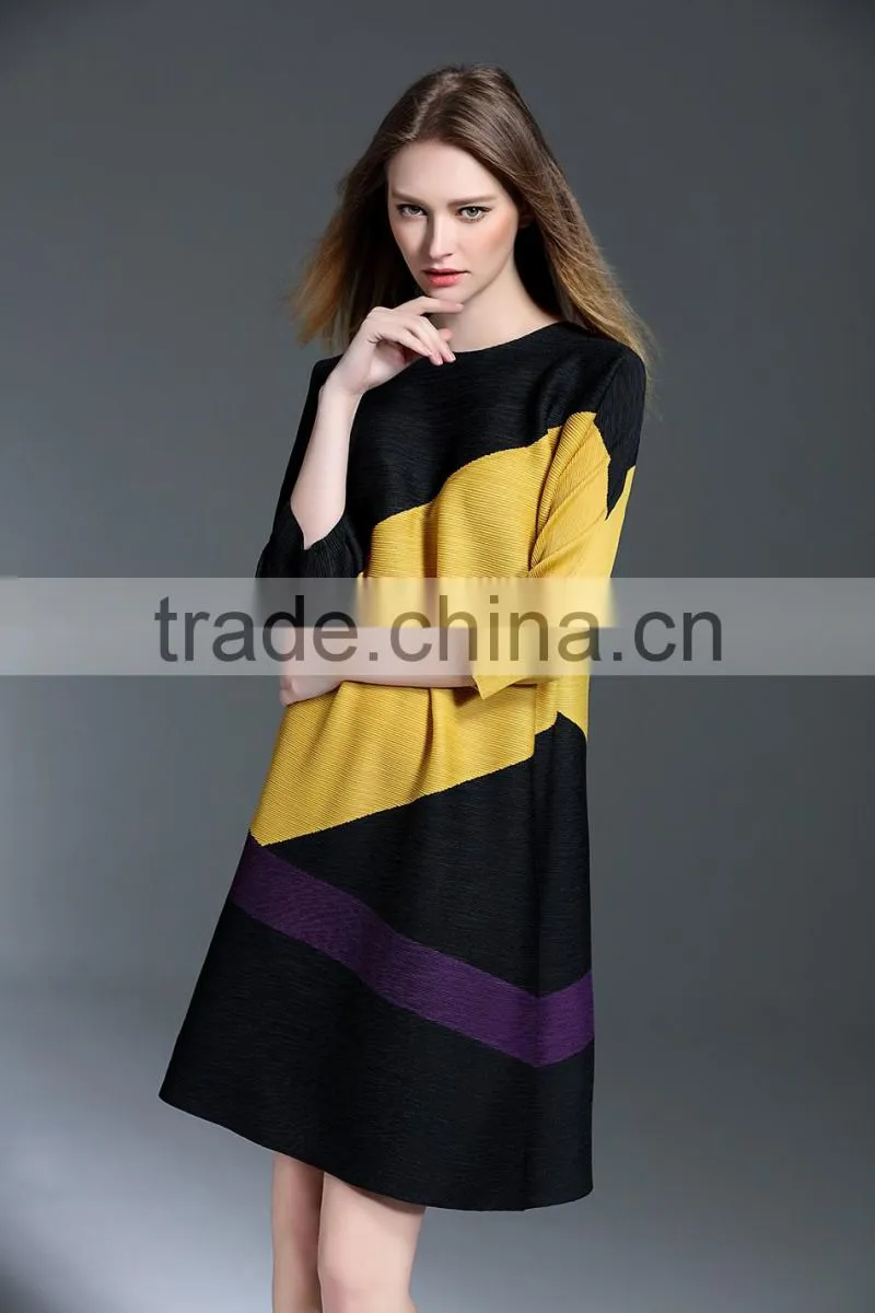 Female patchwork contrast color crinkle spring A-line dresses