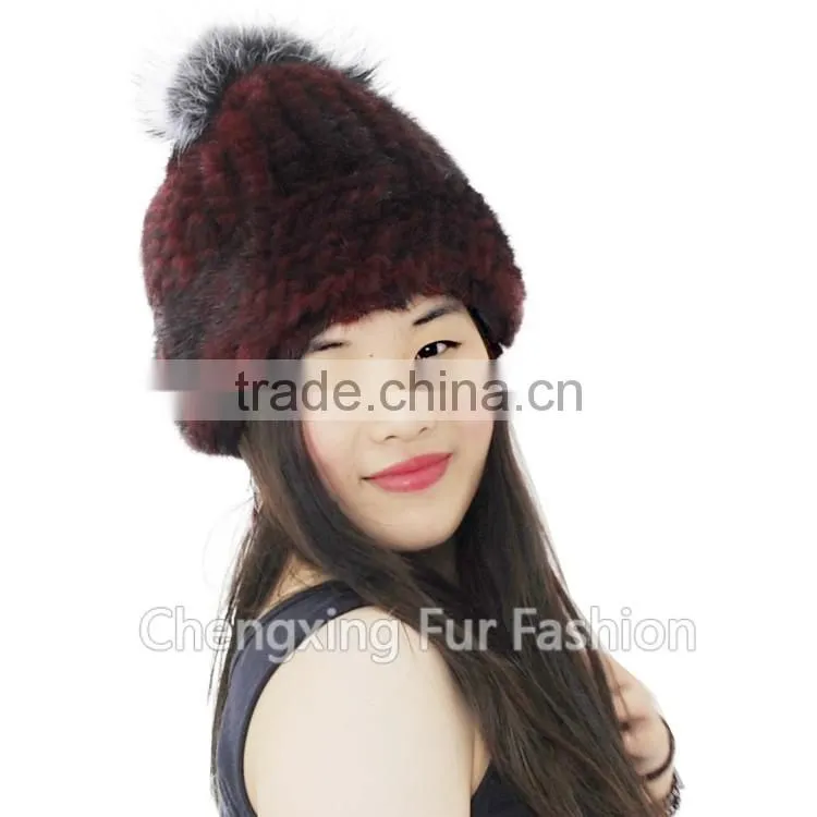 CX-C-239G Women Fashion Fox Fur Pom Pom Winter Knitted Mink Fur Hat And Cap