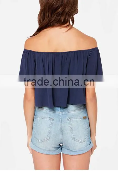 2017 wholesale womens custom off shoulder ruffle top solid color