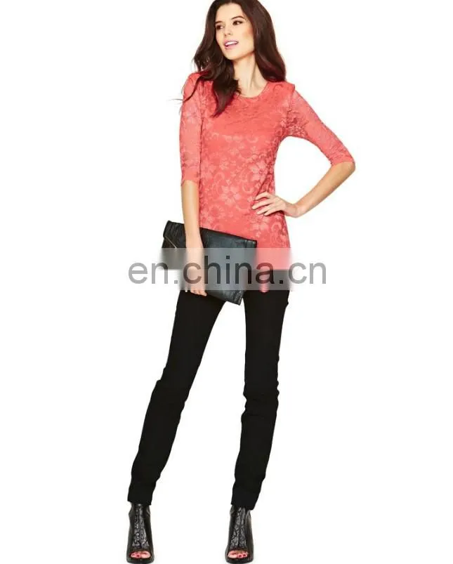 2014 Most fashionable long sleeve lace ladies tops latest design
