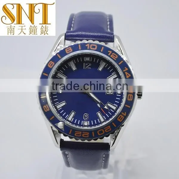 man watch auto date dark blue japan movt quartz leather wrist watch OEM