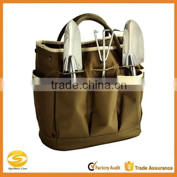 8pockets custom heavy duty brown canvas gardenTool tote,coffe color nylon garden tool storage bags,canvas garden tool kit bag
