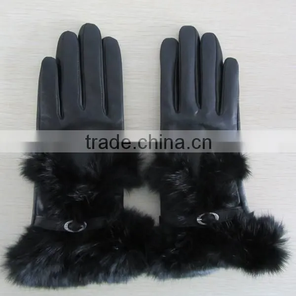 women high fashion rabbit fur leather glove