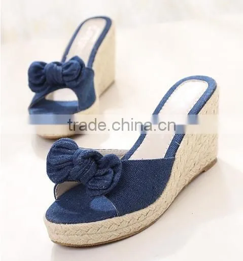 Latest design jeans slippers hemp rope wedge heel bedroom slippers