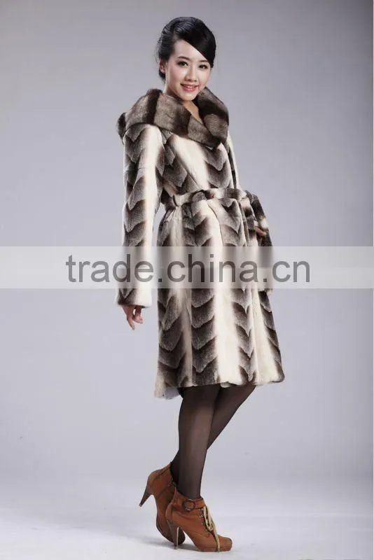 Grey mink hooded dyed rex rabbit fur coat