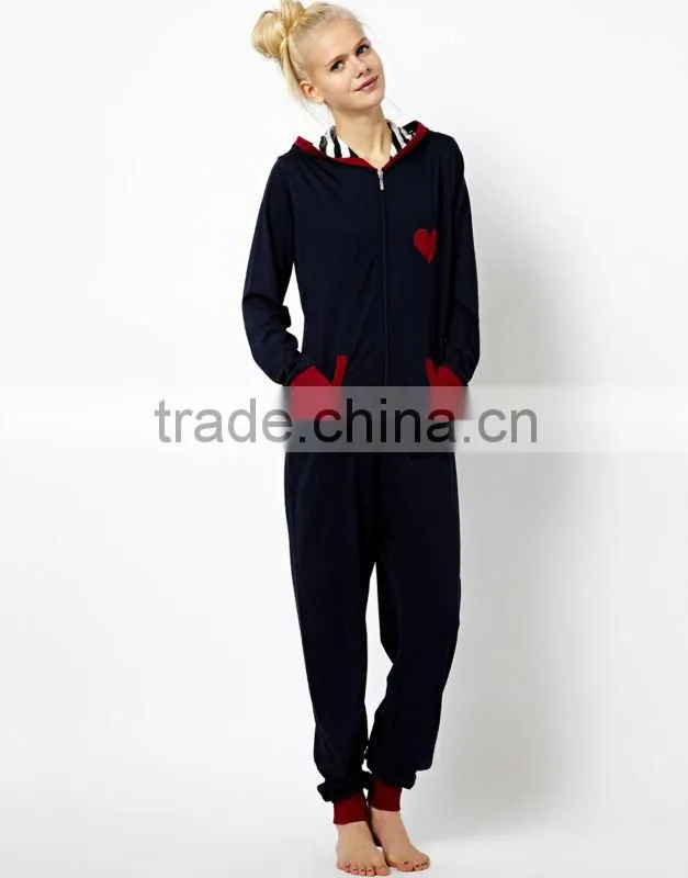 Ladies Petite embroidered with contrast color cuff Onesie Pajamas with Hood