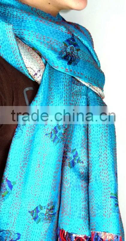 Handmade Silk Kantha Reversible Silk Stoles