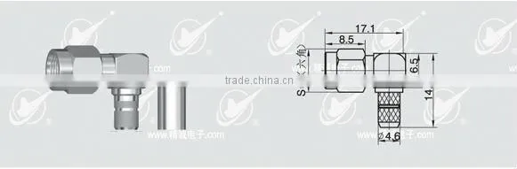 Reverse Polarity SMA male body with female pin crimp 90 right angle for RG58 cable