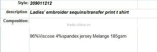 Ladies sequins transfer print t shirt