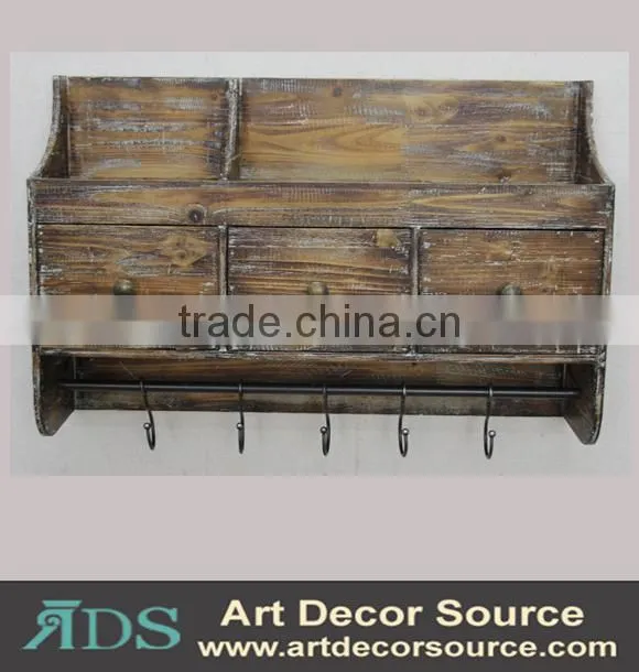 Antique wood floating wall shelf with drawers&hooks