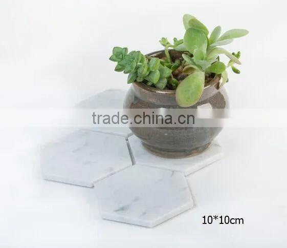 Hexagon shape White Carrara Marble Stone Coasters with Cork Backing