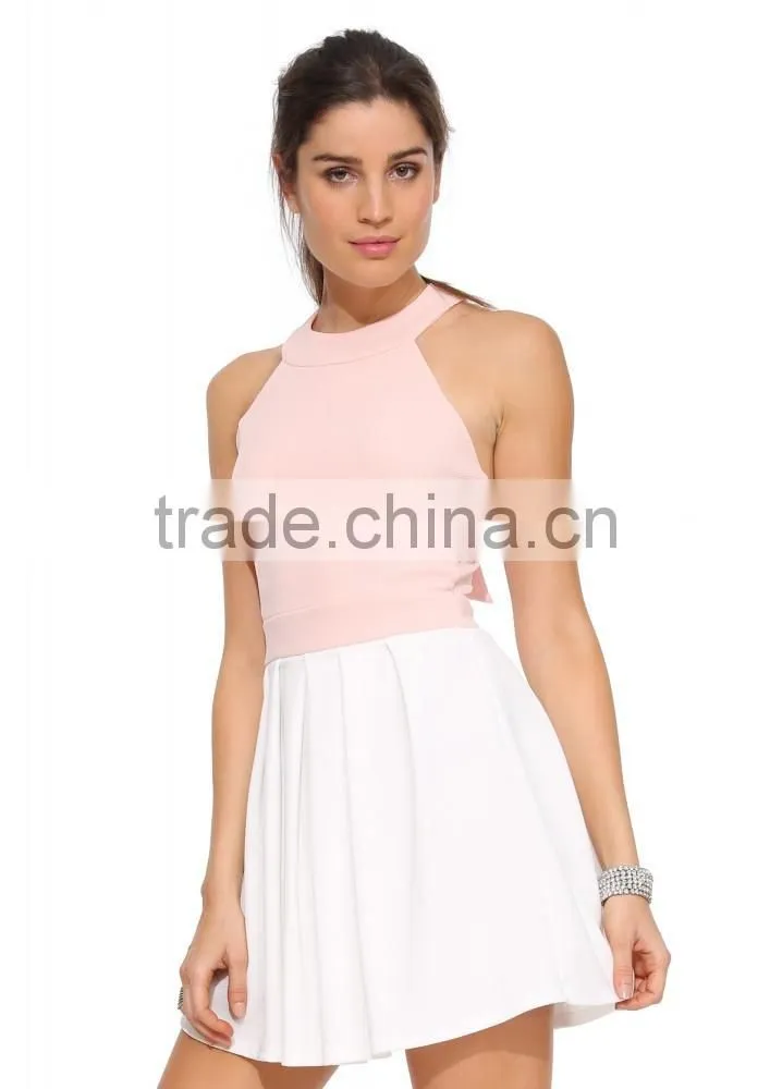 Ladies sweet style back bow round halter neck cross back elegant fit and flare short dress