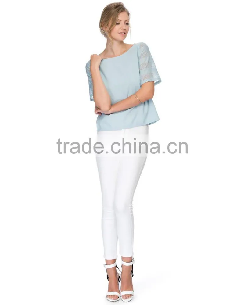 Lace sleeve woven womens tee shirts