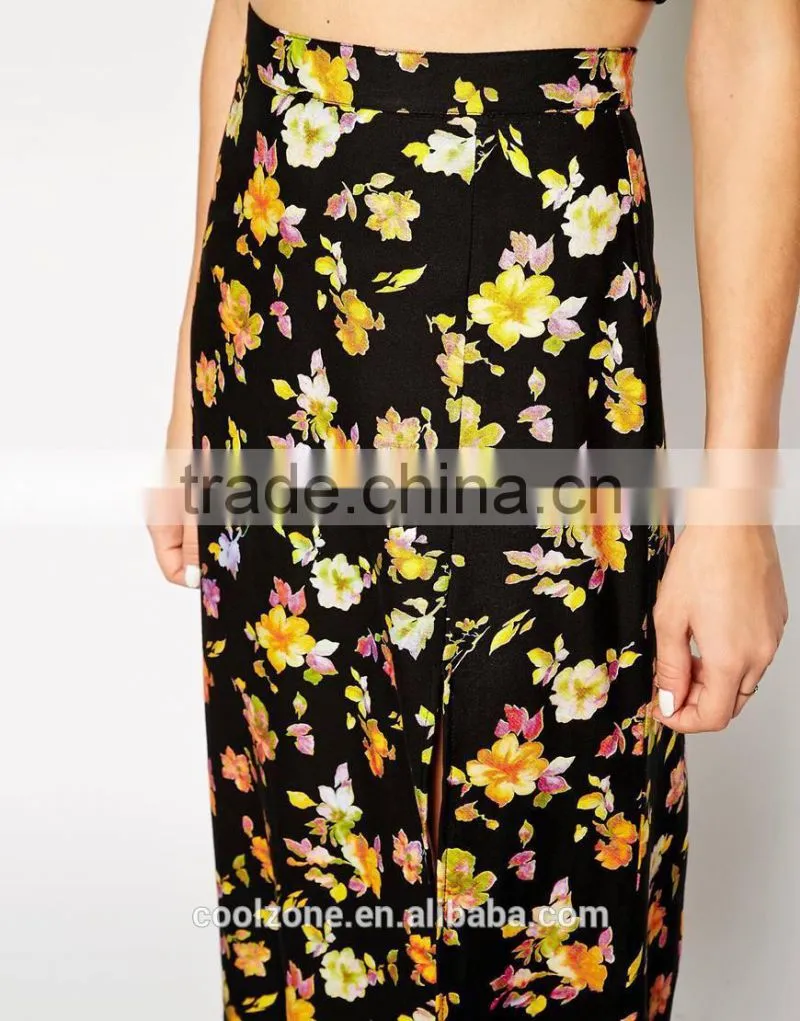 100% Viscose fashion high split all over floral print long skirt