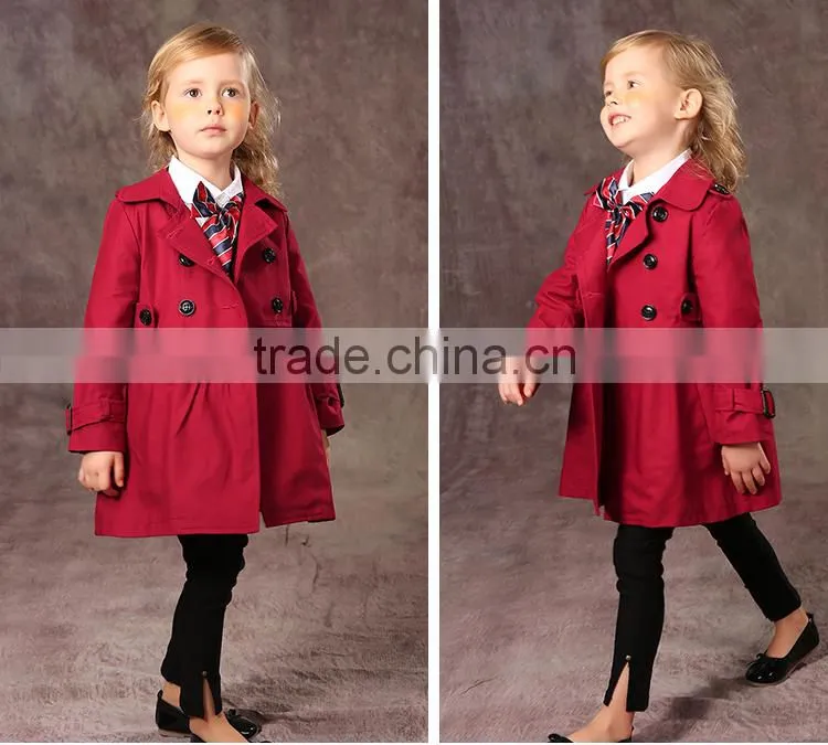 Latest fashion firls clothing double buckle long sleeve girls trench coat