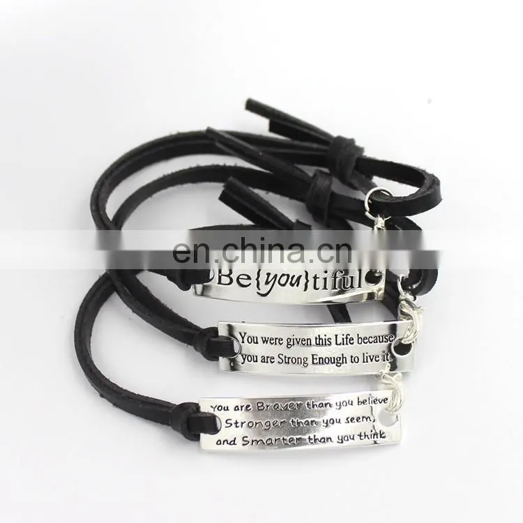 High quality stainless steel jewelry fashion bracelet customerized engrave messages leather bracelet
