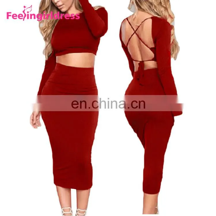Fashion Long Sleeve Tops Black Backless Midi Bodycon Sexy Women Party Dress