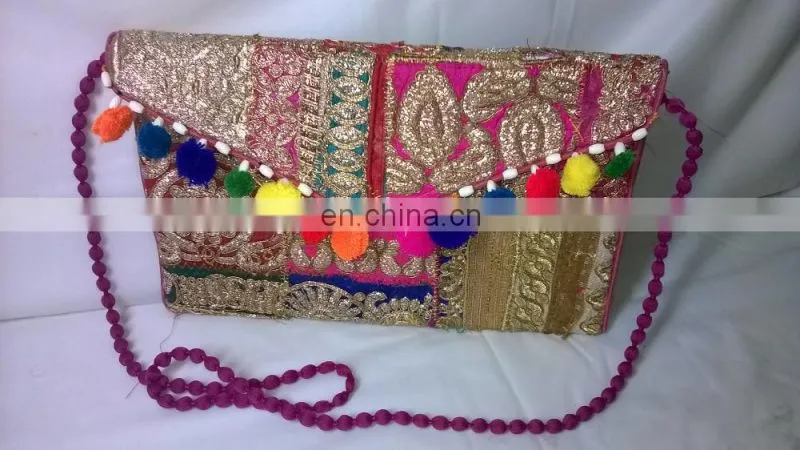 Hot Trendy Fancy Beautiful Pom Pom Zari Embroidered Stylish Banzara Gypsy Clutch Lady Clutch Bags Floral Designer Handbag Pouch