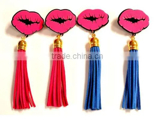 Blue Hot pink PU Leather Tassel Lips Dangle Earrings 2016 New Arrival Brincos Longos For Women
