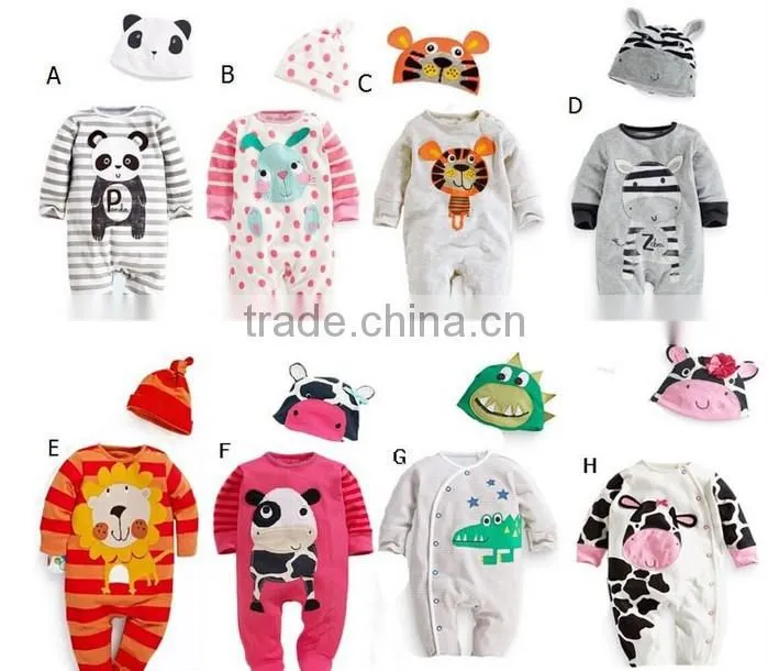 2016 New Cute baby cartoon animal cotton jumpsuits breathable toddler kids rompers with cap handsome baby clothing